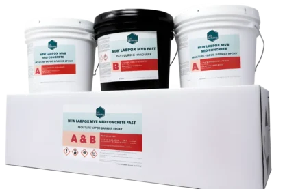 "LABPOX MVB MID Concrete Fast Moisture Vapor Barrier Epoxy product kit, including two white buckets labeled Part A, one black bucket labeled Part B, and a large white box with A&B labeling, displayed against a plain white background."