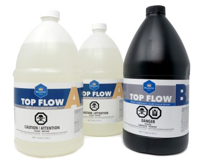Majestic Top Flow UV resistant self-defoaming crystal clear epoxy topcoat for countertops, river tables, and resin art