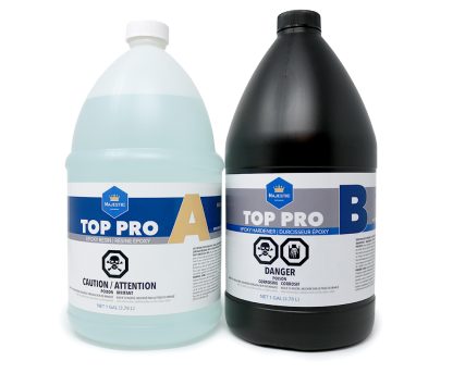 Majestic Top Pro medium viscosity crystal clear epoxy topcoat for countertops, river tables, furniture, and resin art.