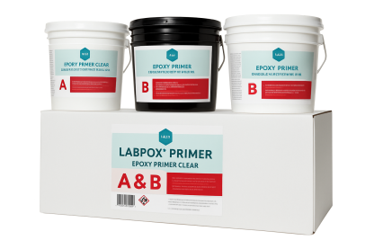 Three LABPOX® PRIMER epoxy product containers, two white labeled 'Epoxy Primer Clear A' and one black labeled 'Epoxy Primer B', displayed on top of a white box with a label reading 'LABPOX® PRIMER Epoxy Primer Clear A & B